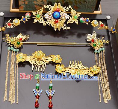 Traditional Handmade Chinese Ancient Costume Wedding Xiuhe Suit Hair Accessories Complete Set Cloisonne Butterfly Phoenix Coronet, Bride Palace Lady Tassel Step Shake Hanfu Hairpins for Women