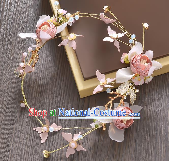 Top Grade Handmade Chinese Classical Hair Accessories Princess Wedding Baroque Pink Flowers Butterfly Garland Hair Clasp Bride Headband for Women