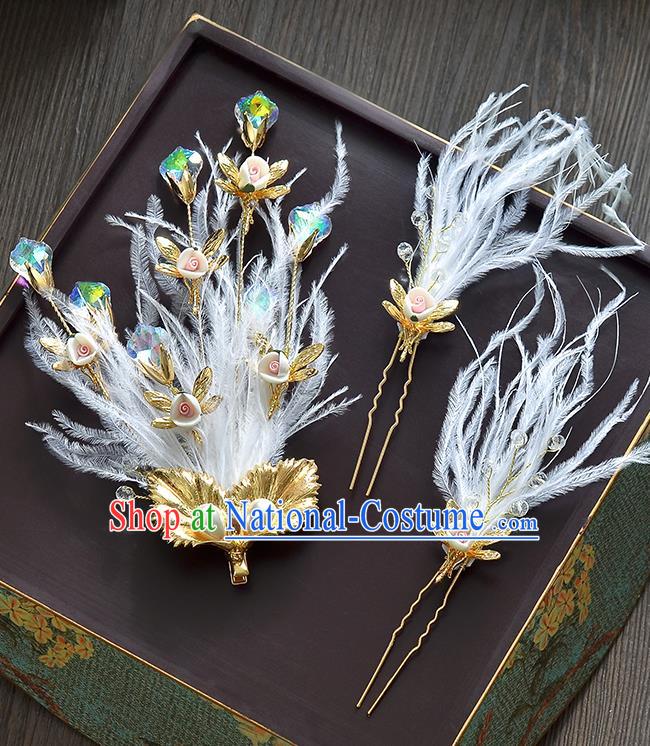 Top Grade Handmade Chinese Classical Hair Accessories Princess Wedding Baroque White Feather Hair Claw Bride Headband for Women