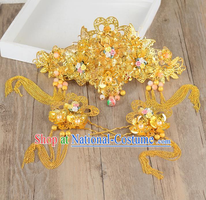 Traditional Handmade Chinese Ancient Costume Wedding Xiuhe Suit Phoenix Coronet Hair Accessories Complete Set, Bride Palace Lady Tassel Step Shake Hanfu Hairpins for Women