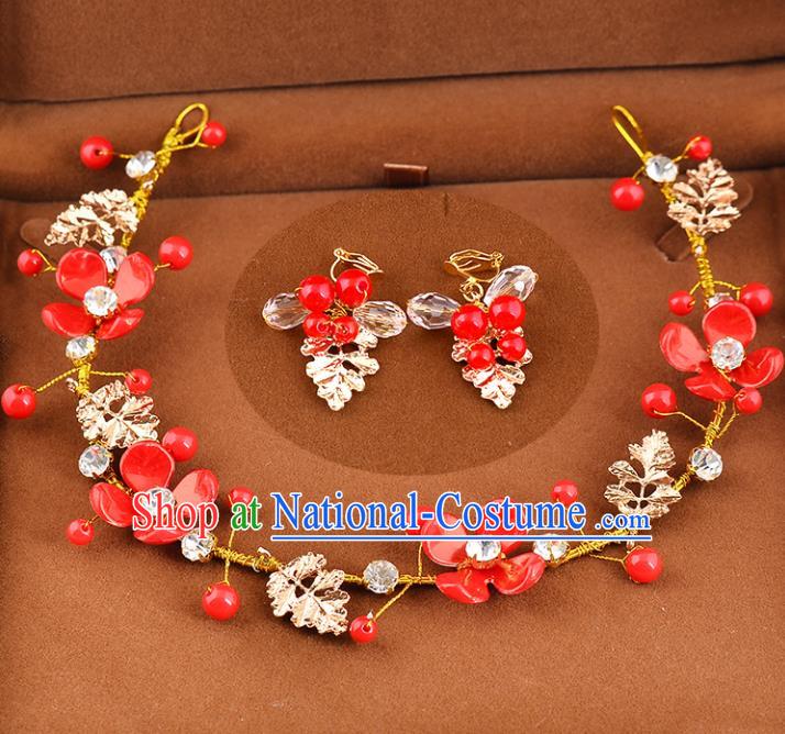 Top Grade Handmade Chinese Classical Hair Accessories Princess Wedding Baroque Red Flowers Hair Clasp and Earrings Bride Headband for Women