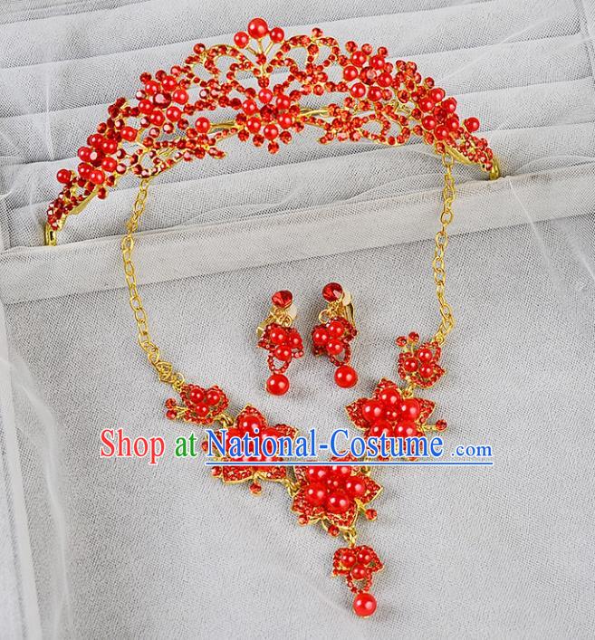 Top Grade Handmade Hair Accessories Baroque Luxury Red Royal Crown and Necklace Earrings, Bride Wedding Hair Kether Jewellery Princess Imperial Crown for Women