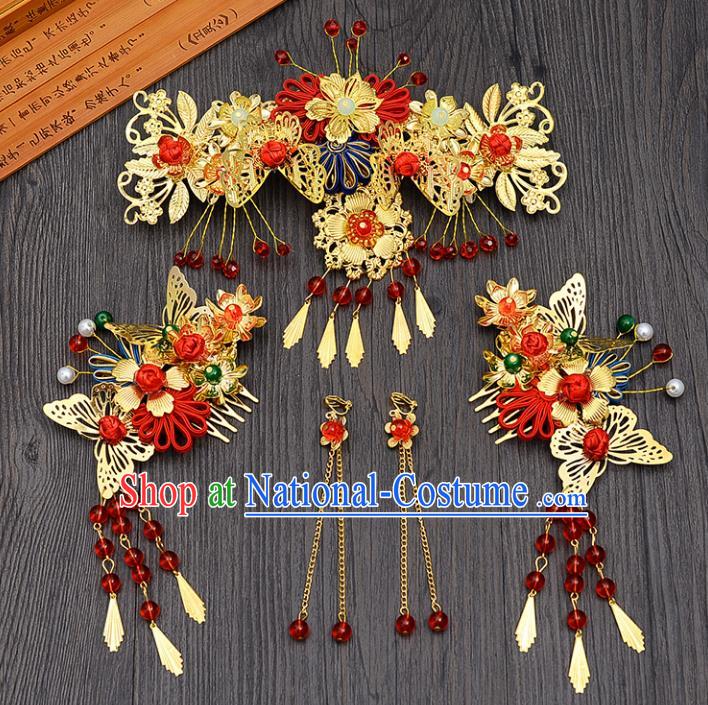 Traditional Handmade Chinese Ancient Costume Wedding Xiuhe Suit Bride Phoenix Coronet Hair Accessories Complete Set, Palace Lady Tassel Step Shake Hanfu Hairpins for Women