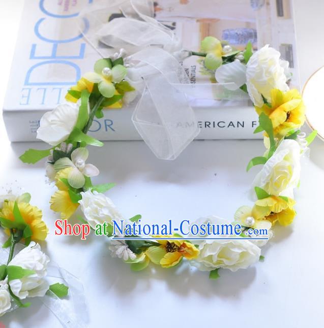 Top Grade Handmade Chinese Classical Hair Accessories Princess Wedding Baroque Yellow Flowers Garland Hair Clasp Headband Bride Headband for Women