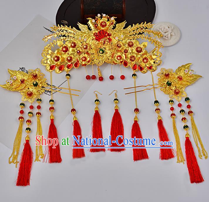 Traditional Handmade Chinese Ancient Costume Wedding Xiuhe Suit Hair Accessories Complete Set Phoenix Coronet, Bride Palace Lady Red Tassel Step Shake Hanfu Hairpins for Women