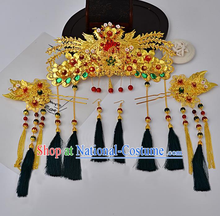 Traditional Handmade Chinese Ancient Costume Wedding Xiuhe Suit Hair Accessories Complete Set Phoenix Coronet, Bride Palace Lady Green Tassel Step Shake Hanfu Hairpins for Women