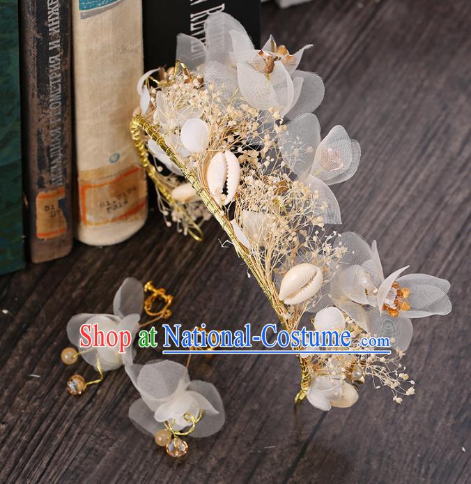 Top Grade Handmade Hair Accessories Baroque Style Palace Princess Wedding White Silk Flowers Vintage Royal Crown and Earrings, Bride Hair Kether Jewellery Imperial Crown for Women