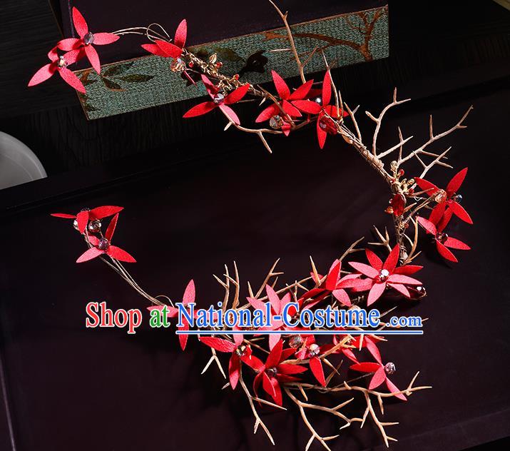 Top Grade Handmade Chinese Classical Hair Accessories Princess Wedding Baroque Red Flowers Garland Hair Clasp Headband Bride Headwear for Women