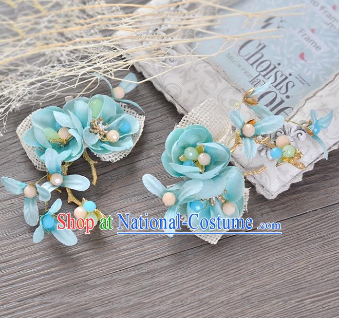 Top Grade Handmade Chinese Classical Hair Accessories Princess Wedding Baroque Blue Flower Hair Claw Headband Bride Headwear for Women