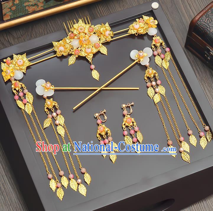 Traditional Handmade Chinese Ancient Wedding Xiuhe Suit Hair Accessories Golden Tassel Hair Comb Complete Set, Bride Palace Lady Step Shake Hanfu Hairpins for Women