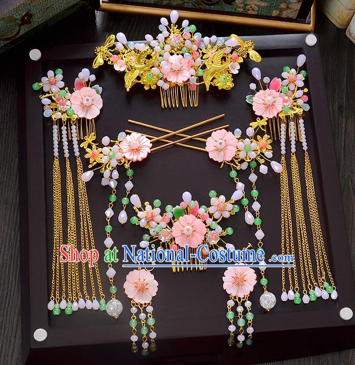 Traditional Handmade Chinese Ancient Wedding Xiuhe Suit Hair Accessories Pink Shell Flowers Hair Comb Complete Set, Bride Palace Lady Step Shake Hanfu Hairpins for Women