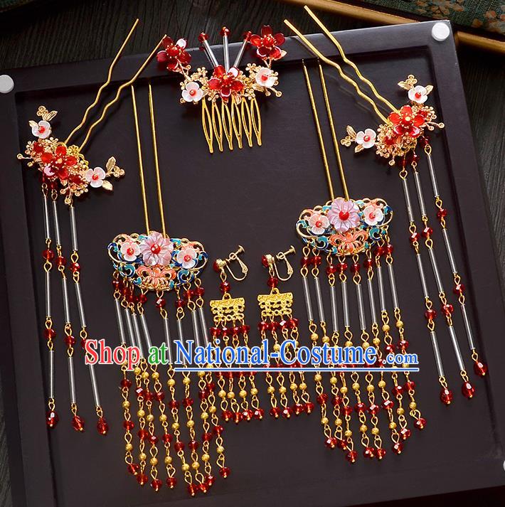 Traditional Handmade Chinese Ancient Wedding Xiuhe Suit Hair Accessories Cheongsam Tassel Hair Comb Complete Set, Bride Palace Lady Step Shake Hanfu Hairpins for Women