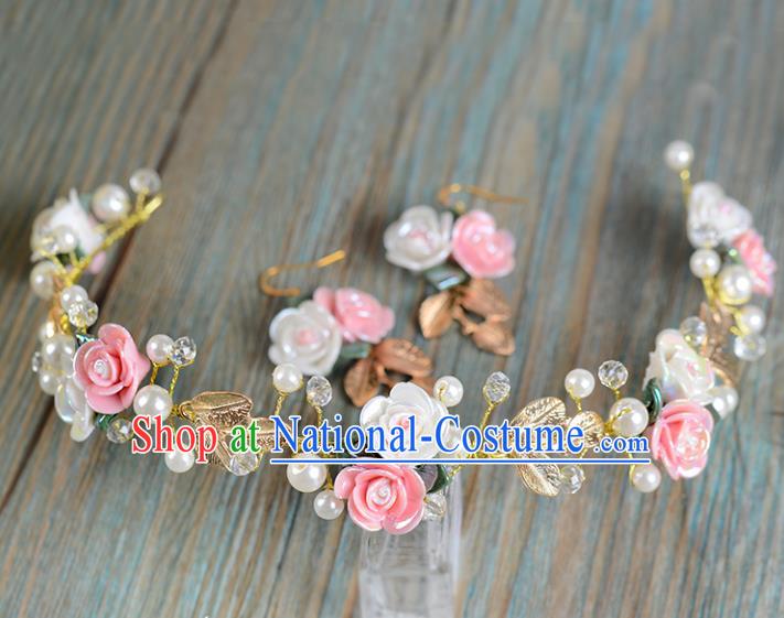 Top Grade Handmade Chinese Classical Hair Accessories Princess Wedding Baroque Ceramics Flower Garland Hair Clasp Bride Headband Headwear and Earrings for Women