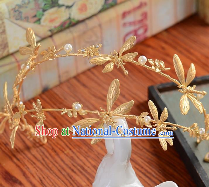 Top Grade Handmade Chinese Classical Hair Accessories Princess Wedding Baroque Golden Dragonfly Hair Clasp Bride Headband Headwear for Women