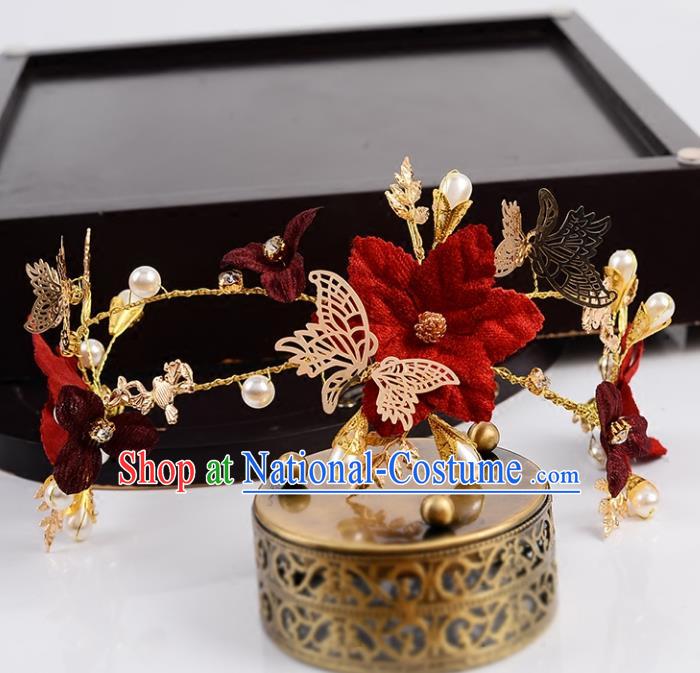 Top Grade Handmade Chinese Classical Hair Accessories Princess Wedding Baroque Red Flower Butterfly Hair Clasp Bride Headband Headwear for Women