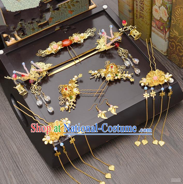 Traditional Handmade Chinese Ancient Wedding Butterfly Hair Accessories Complete Set Xiuhe Suit Hair Comb, Bride Palace Lady Tassel Step Shake Hanfu Hairpins for Women