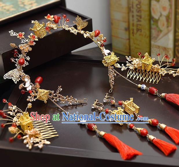 Traditional Handmade Chinese Ancient Wedding Butterfly Hair Accessories Complete Set Xiuhe Suit Tassel Hair Clasp, Bride Palace Lady Step Shake Hanfu Hairpins for Women