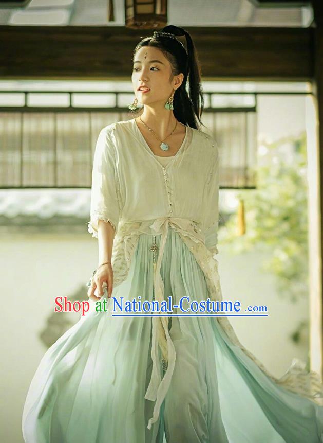 Traditional Chinese Ancient Times Swordswoman Fairy Costume and Headpiece Complete Set, Xuan-Yuan Sword Legend  The Clouds of Han Chinese Chivalrous Women Hanfu Dress