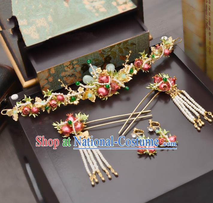 Traditional Handmade Chinese Ancient Costume Wedding Xiuhe Suit Bride Pomegranate Phoenix Coronet Hair Accessories Complete Set, Palace Lady Tassel Step Shake Hanfu Hairpins for Women