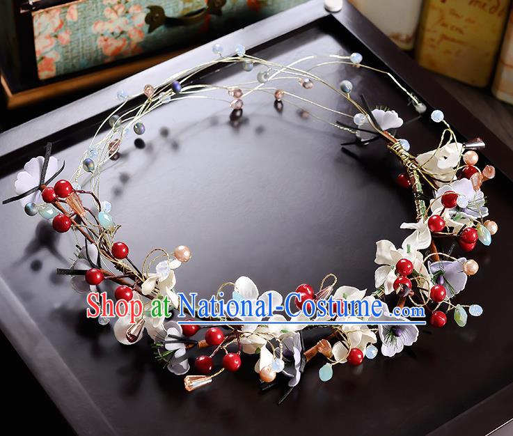 Top Grade Handmade Chinese Classical Hair Accessories Princess Wedding Baroque Red Beads Flowers Garland Hair Clasp Headband Bride Headband for Women