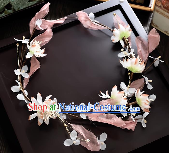 Top Grade Handmade Chinese Classical Hair Accessories Princess Wedding Baroque Pink Silk Leaf Flowers Garland Hair Clasp Headband Bride Headband for Women