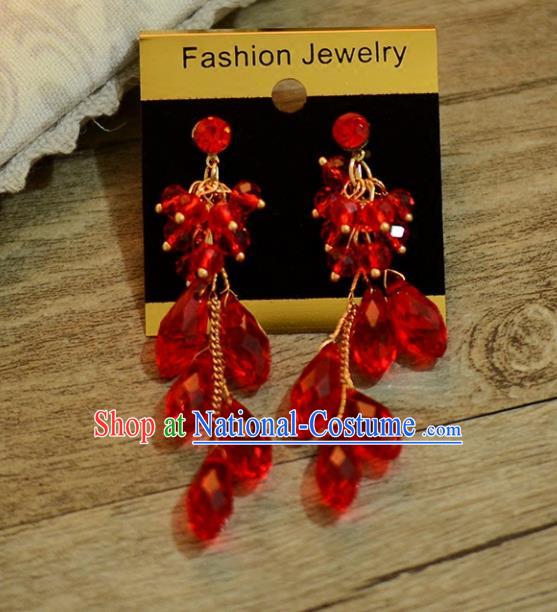 Top Grade Handmade Chinese Classical Jewelry Accessories Wedding Red Crystal Tassel Ear Stud Bride Hanfu Earrings for Women