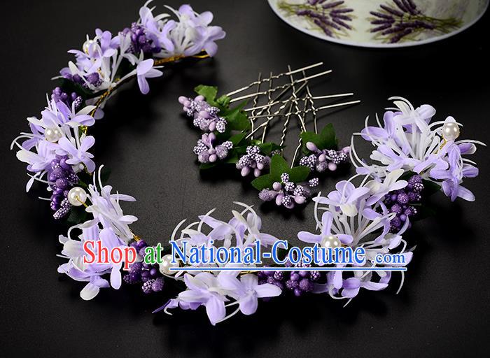 Top Grade Handmade Chinese Classical Hair Accessories Princess Wedding Baroque Headwear Purple Pearl Flowers Hair Clasp Bride Headband for Women