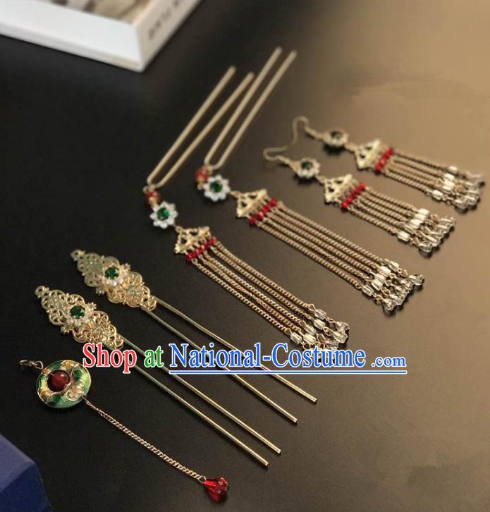 Traditional Handmade Chinese Wedding Xiuhe Suit Bride Blueing Tassel Hair Accessories Complete Set, Step Shake Hanfu Hairpins for Women