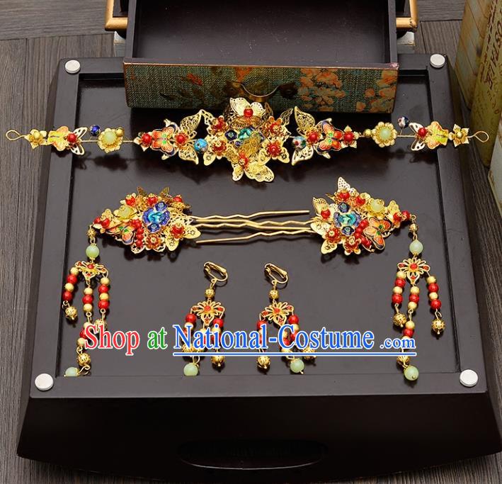 Traditional Handmade Chinese Wedding Xiuhe Suit Bride Cloisonne Butterfly Hair Accessories Complete Set, Jade Phoenix Coronet Step Shake Hanfu Hairpins for Women