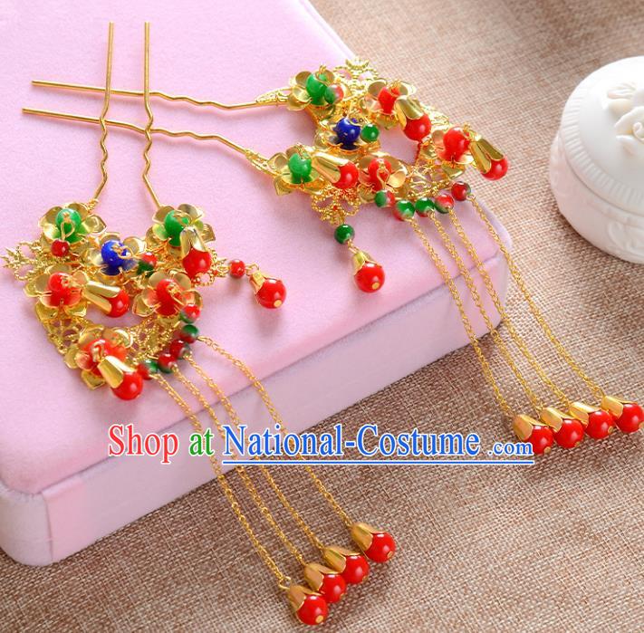 Traditional Handmade Chinese Wedding Xiuhe Suit Bride Hair Accessories Tassel Hairpins, Step Shake Hanfu Hairpins for Women