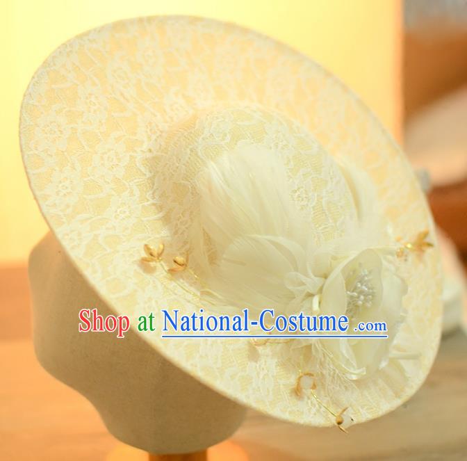 Top Grade Handmade Chinese Classical Hair Accessories Princess Wedding Baroque Hat Headwear Beige Flowers Feather Top Hat for Women