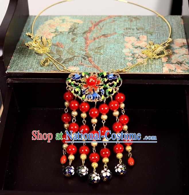 Top Grade Handmade Chinese Classical Jewelry Accessories Wedding Xiuhe Suit Red Beads Tassel Necklace Bride Hanfu Necklet Headgear for Women