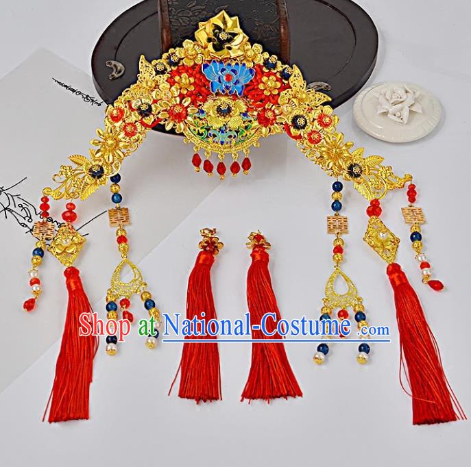 Traditional Handmade Chinese Wedding Xiuhe Suit Bride Hair Accessories Tassel Phoenix Coronet, Step Shake Hanfu Hairpins for Women