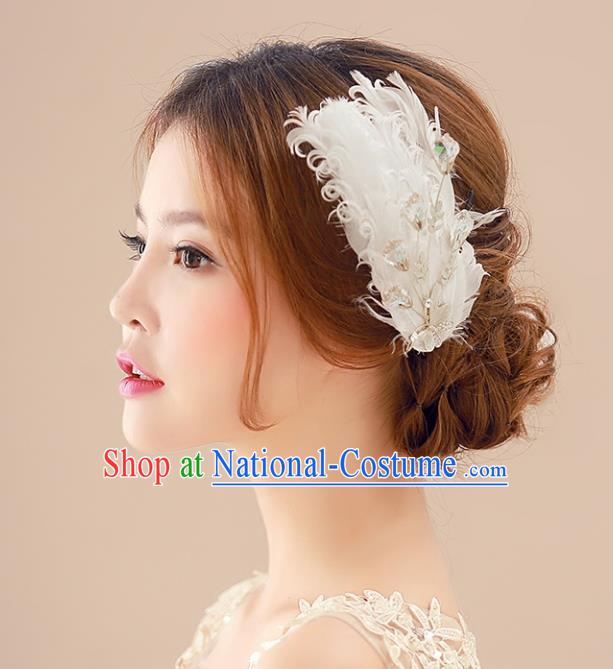 Top Grade Handmade Chinese Classical Hair Accessories Princess Wedding Baroque Headwear White Feather Headband Hair Stick for Women