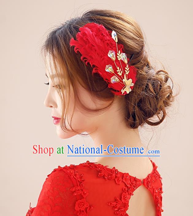 Top Grade Handmade Chinese Classical Hair Accessories Princess Wedding Baroque Headwear Red Feather Headband Hair Stick for Women