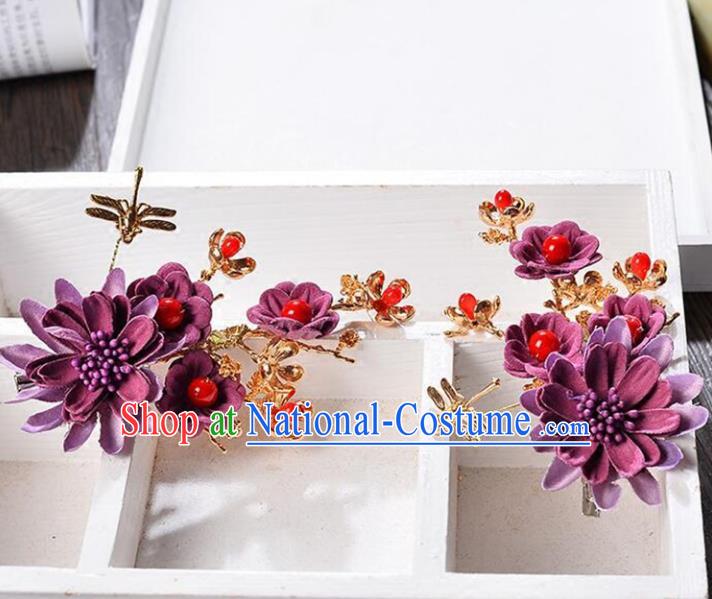 Top Grade Handmade Chinese Classical Hair Accessories Princess Wedding Baroque Headwear Purple Flowers Headband Hair Stick for Women