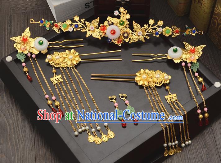 Traditional Handmade Chinese Wedding Xiuhe Suit Bride Hair Accessories Golden Tassel Phoenix Coronet Complete Set, Step Shake Hanfu Hairpins for Women