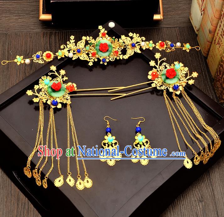 Traditional Handmade Chinese Wedding Xiuhe Suit Bride Hair Accessories Tassel Phoenix Coronet Complete Set, Green Jade Step Shake Hanfu Hairpins for Women