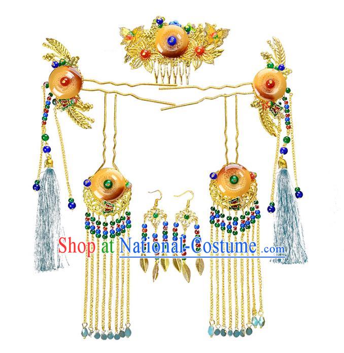 Traditional Handmade Chinese Wedding Xiuhe Suit Bride Hair Accessories Jade Phoenix Coronet Complete Set, Tassel Step Shake Hanfu Hairpins for Women