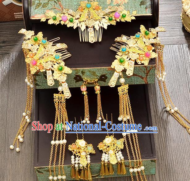 Traditional Handmade Chinese Wedding Xiuhe Suit Bride Hair Accessories Complete Set, Hair Comb Step Shake Hanfu Hairpins for Women