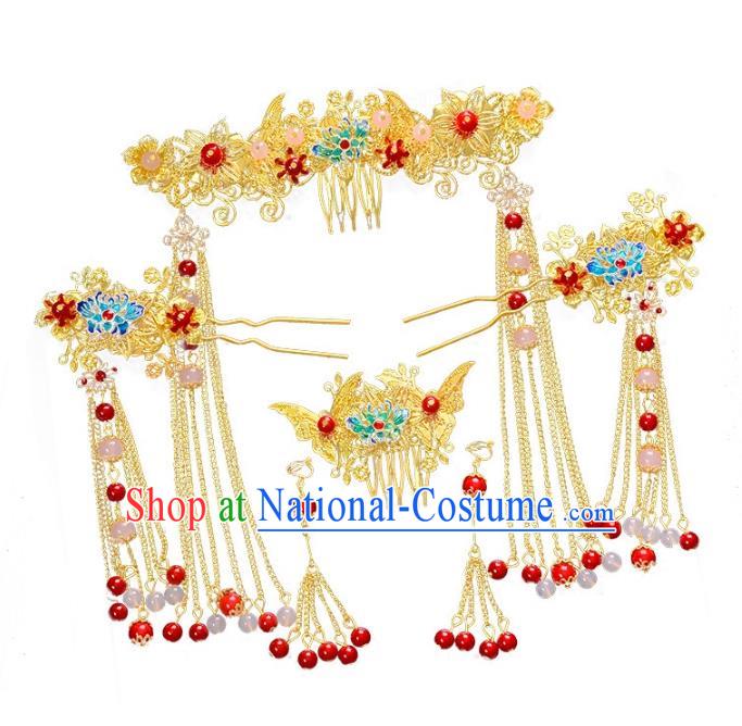 Traditional Handmade Chinese Wedding Xiuhe Suit Bride Hair Accessories Hair Comb Complete Set, Step Shake Hanfu Hairpins for Women