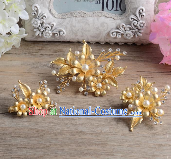 Top Grade Handmade Chinese Classical Hair Accessories Princess Wedding Baroque Golden Headwear Pearls Hair Stick Bride Hair Claw for Women