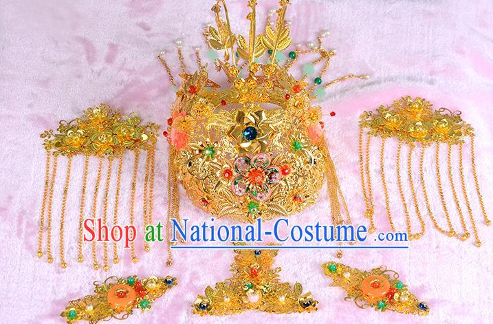 Traditional Handmade Chinese Wedding Xiuhe Suit Bride Hair Accessories Complete Set Empress Phoenix Coronet, Step Shake Hanfu Hairpins for Women