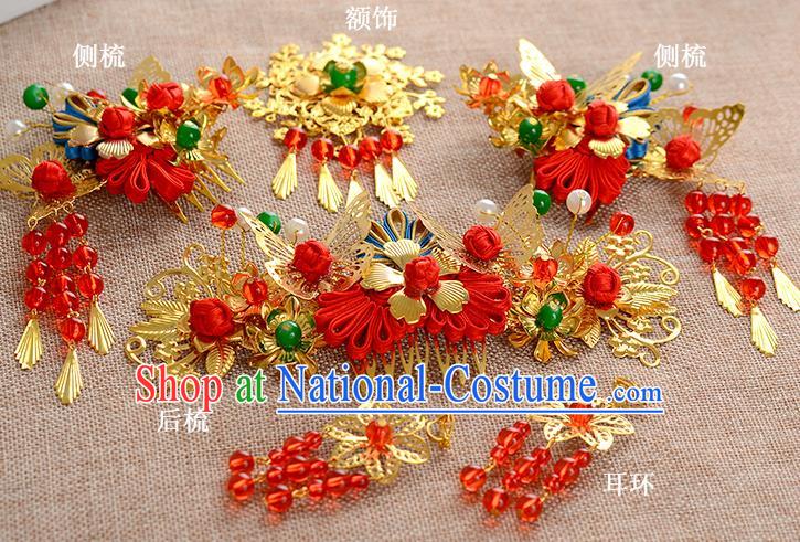 Traditional Handmade Chinese Wedding Xiuhe Suit Bride Hair Accessories Complete Set Chinese Knots Hair Comb, Step Shake Hanfu Hairpins for Women