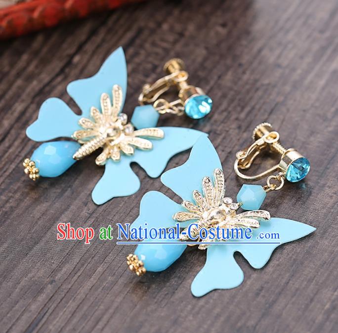 Top Grade Handmade Chinese Classical Jewelry Accessories Wedding Blue Butterfly Tassel Ear Stud Bride Hanfu Earrings for Women