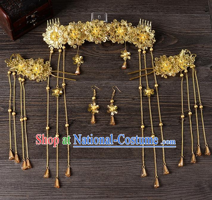 Traditional Handmade Chinese Wedding Xiuhe Suit Bride Hair Accessories Complete Set, Tassel Phoenix Coronet Step Shake Hanfu Hairpins for Women