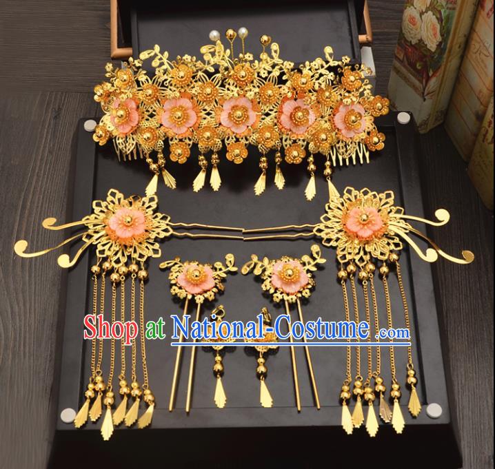 Traditional Handmade Chinese Wedding Xiuhe Suit Bride Hair Accessories Complete Set, Tassel Pink Flowers Phoenix Coronet Step Shake Hanfu Hairpins for Women