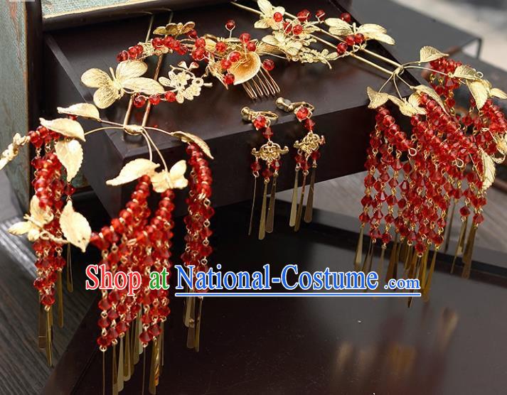 Traditional Handmade Chinese Wedding Xiuhe Suit Bride Hair Accessories Hair Comb and Hairpins Complete Set, Red Tassel Step Shake Hanfu Hairpins for Women