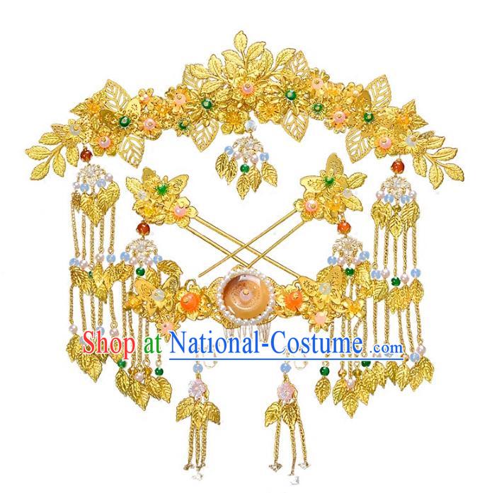 Traditional Handmade Chinese Wedding Xiuhe Suit Bride Hair Accessories Golden Tassel Hairpins Complete Set, Step Shake Hanfu Phoenix Coronet Hairpins for Women