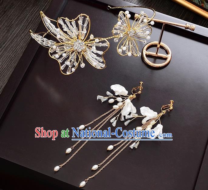 Top Grade Handmade Chinese Classical Jewelry Accessories Wedding Crystal Pearls Hair Clasp and Earrings Bride Hanfu Headgear for Women